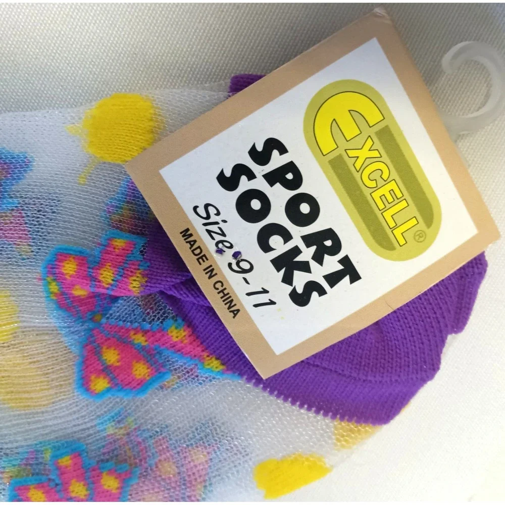 Ladybug Lady's SHEER Fashion Crew Socks Colorful Bowties / SIZE 9-11 Purple Trim